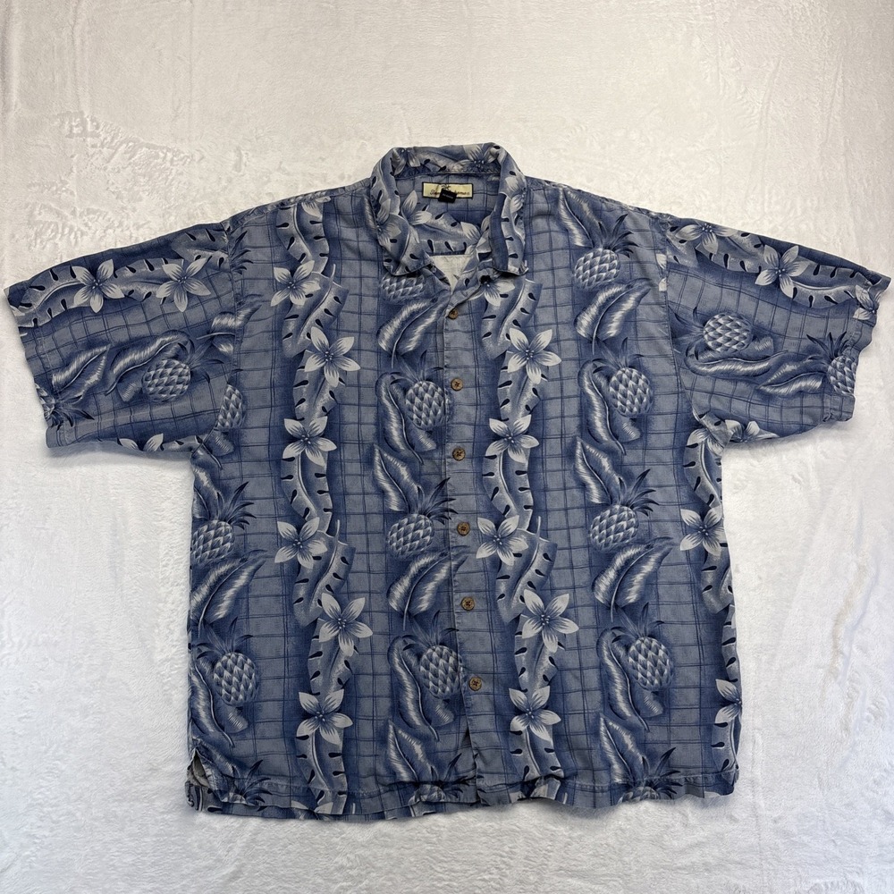 Tommy Bahama Shirt Men's Size XL Blue Floral 100% Silk Short Sleeve Button Down